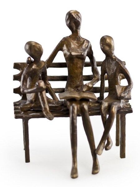 Mother Reading to Children on Bench Bronze Statue Book